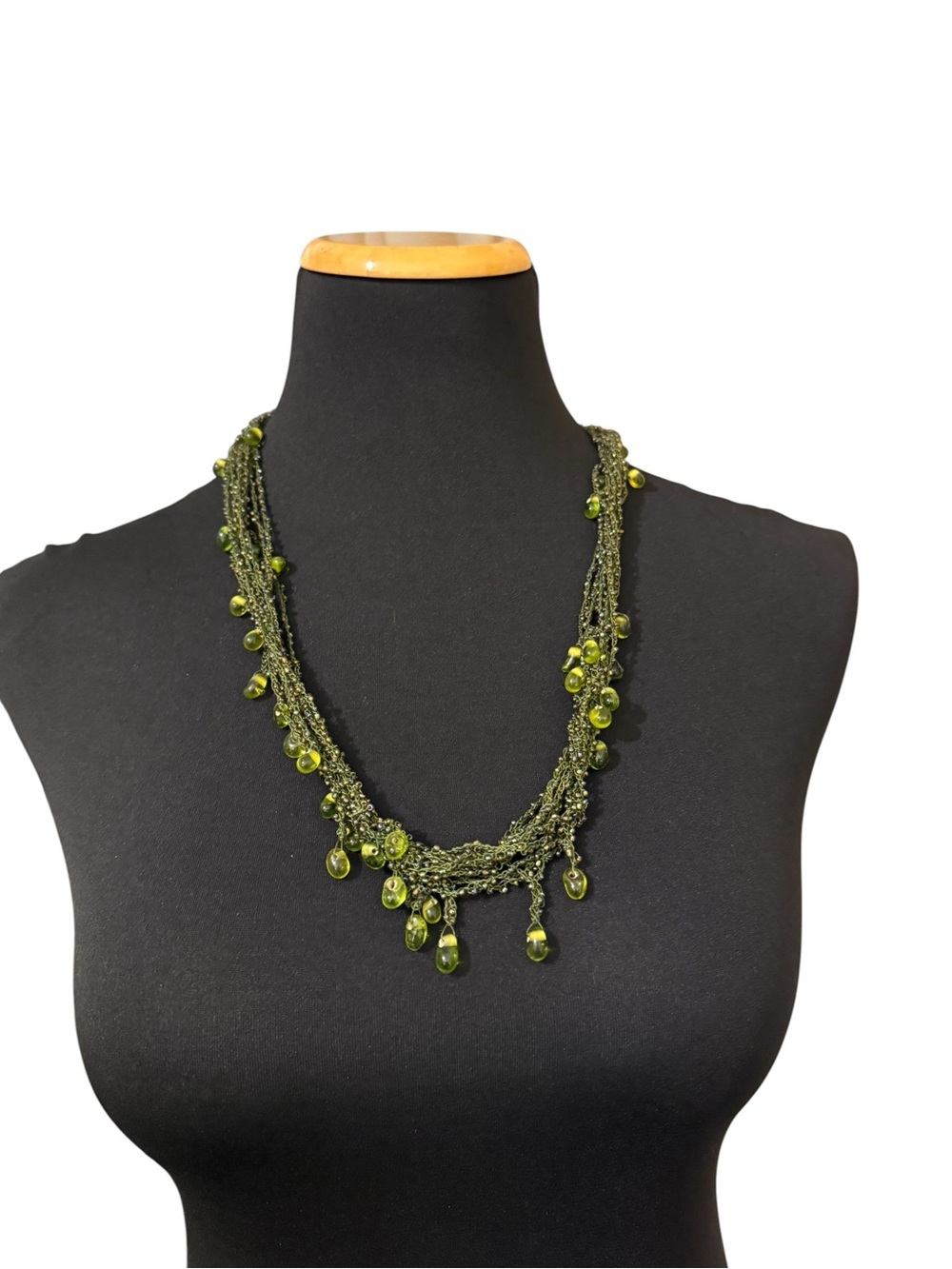 Green Multi-Strand Bead Necklace with Droplet Accents